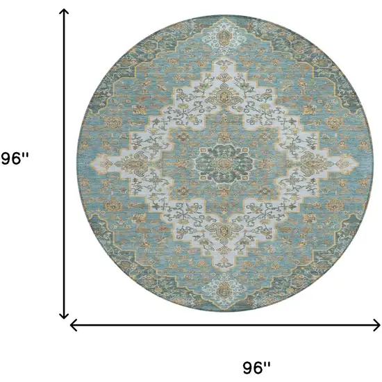 8' Teal Blue And Sky Blue Round Medallion Washable Indoor Outdoor Area Rug Photo 7