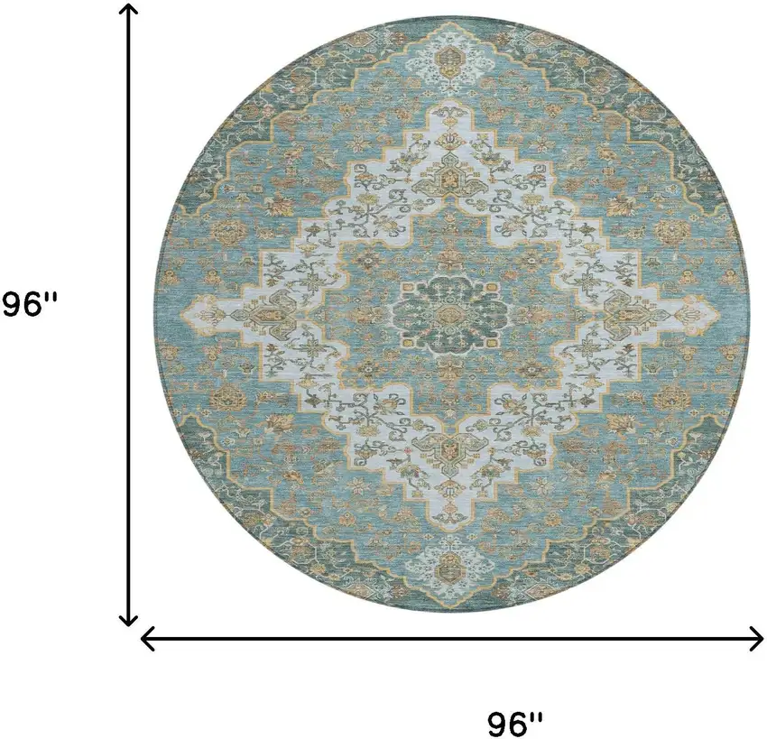 8' Teal Blue And Sky Blue Round Medallion Washable Indoor Outdoor Area Rug Photo 7