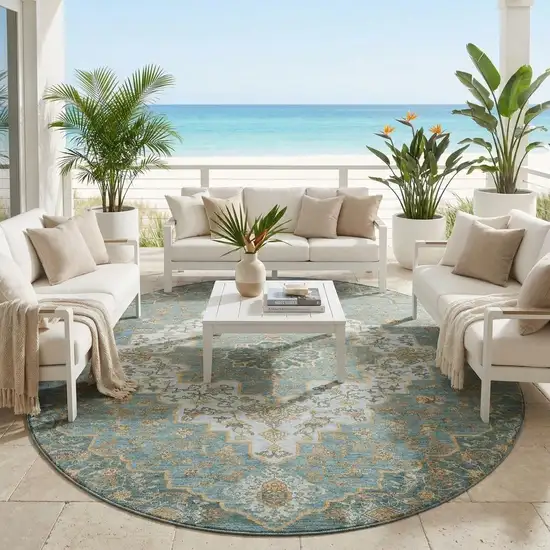 8' Teal Blue And Sky Blue Round Medallion Washable Indoor Outdoor Area Rug Photo 1