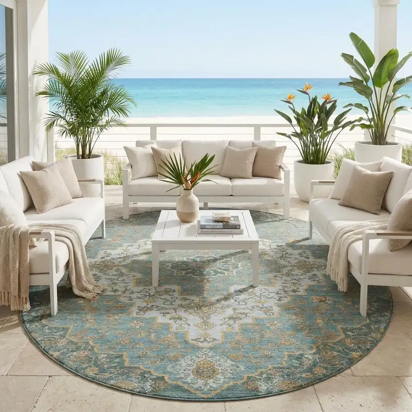 8' Teal Blue And Sky Blue Round Medallion Washable Indoor Outdoor Area Rug Photo 1