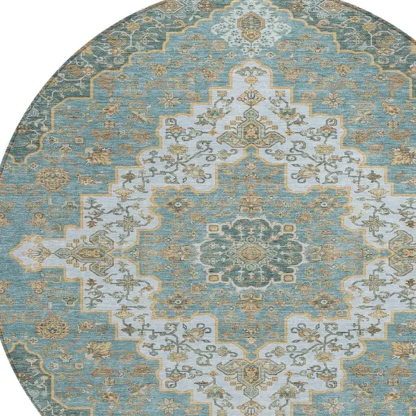 8' Teal Blue And Sky Blue Round Medallion Washable Indoor Outdoor Area Rug Photo 3