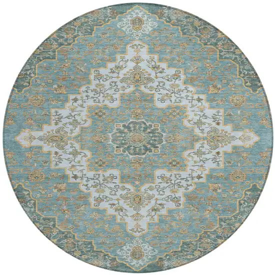 8' Teal Blue And Sky Blue Round Medallion Washable Indoor Outdoor Area Rug Photo 2