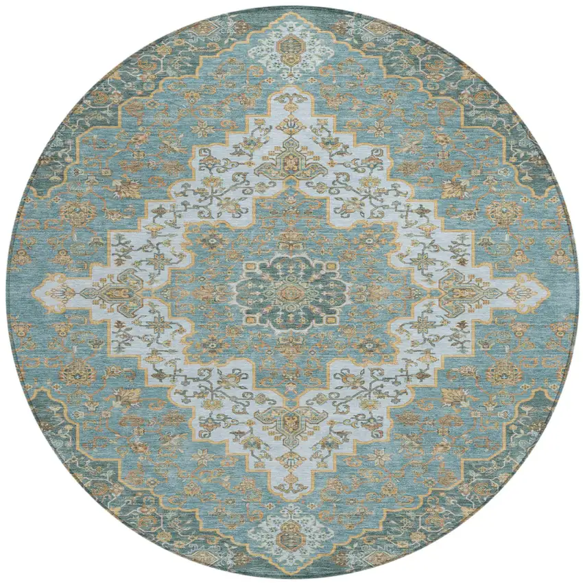 8' Teal Blue And Sky Blue Round Medallion Washable Indoor Outdoor Area Rug Photo 2