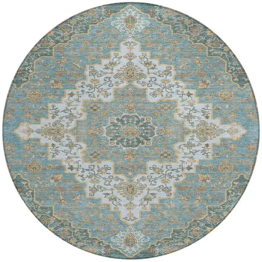 8' Teal Blue And Sky Blue Round Medallion Washable Indoor Outdoor Area Rug Photo 4