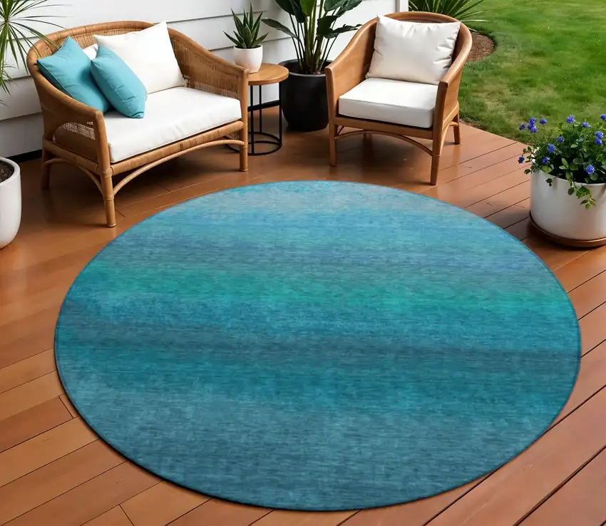 8' Teal Blue And Sky Blue Round Ombre Washable Indoor Outdoor Area Rug Photo 2