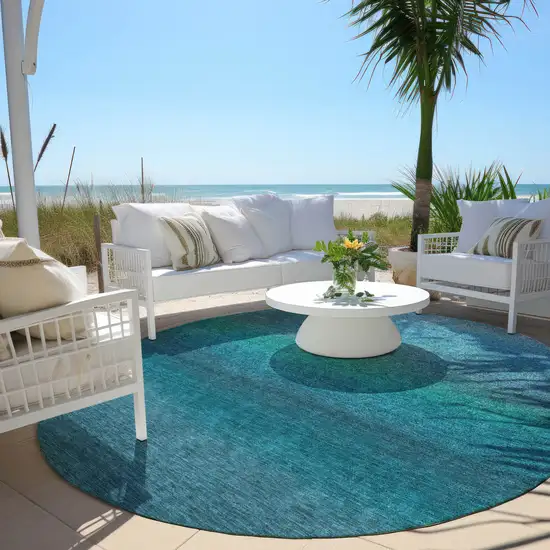 8' Teal Blue And Sky Blue Round Ombre Washable Indoor Outdoor Area Rug Photo 4
