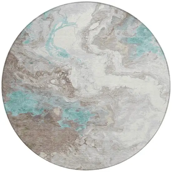 8' Teal Blue And Taupe Round Abstract Washable Indoor Outdoor Area Rug Photo 4