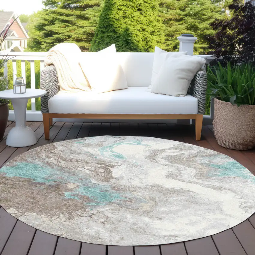8' Teal Blue And Taupe Round Abstract Washable Indoor Outdoor Area Rug Photo 5
