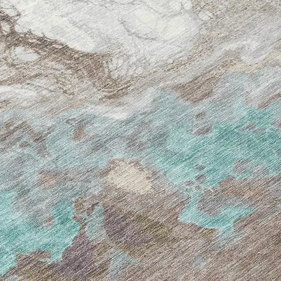 8' Teal Blue And Taupe Round Abstract Washable Indoor Outdoor Area Rug Photo 8