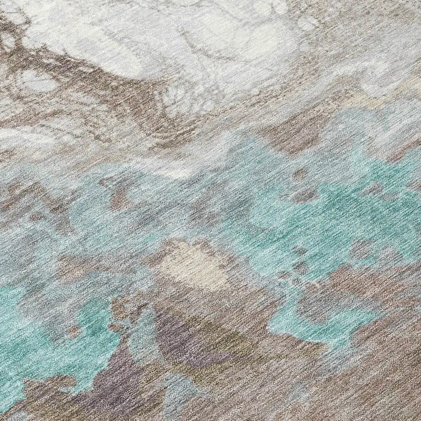 8' Teal Blue And Taupe Round Abstract Washable Indoor Outdoor Area Rug Photo 8