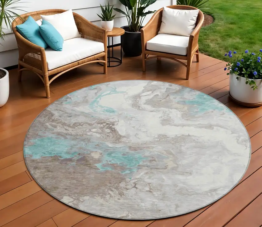 8' Teal Blue And Taupe Round Abstract Washable Indoor Outdoor Area Rug Photo 2