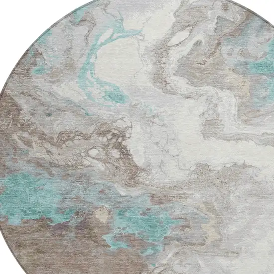 8' Teal Blue And Taupe Round Abstract Washable Indoor Outdoor Area Rug Photo 9