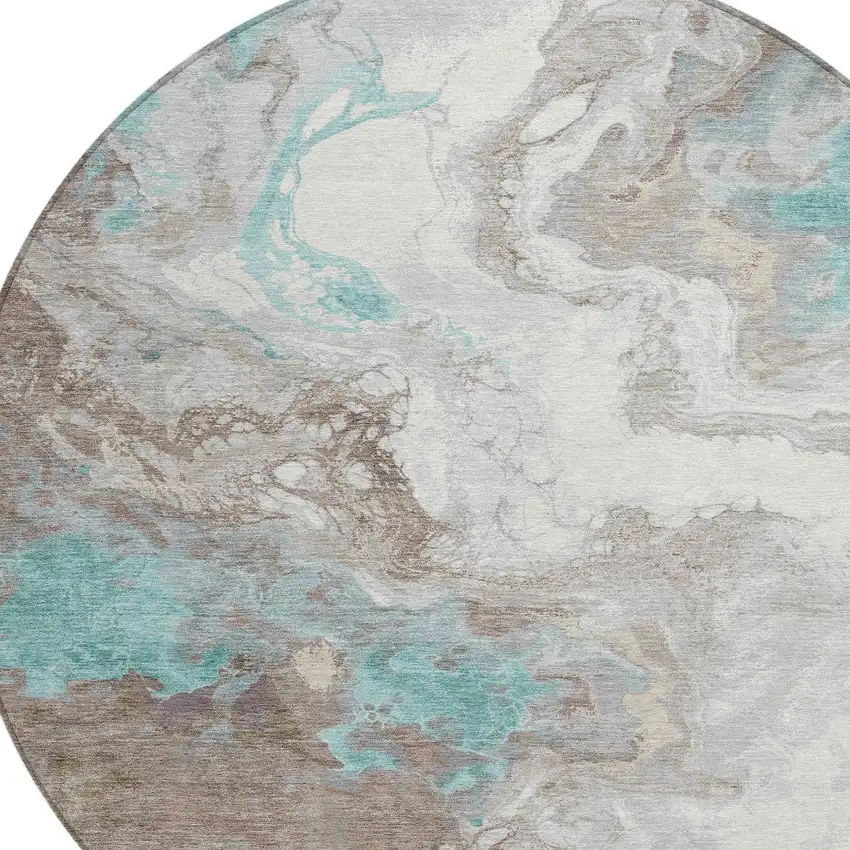 8' Teal Blue And Taupe Round Abstract Washable Indoor Outdoor Area Rug Photo 9