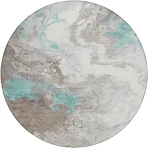 Photo of 8' Teal Blue And Taupe Round Abstract Washable Indoor Outdoor Area Rug