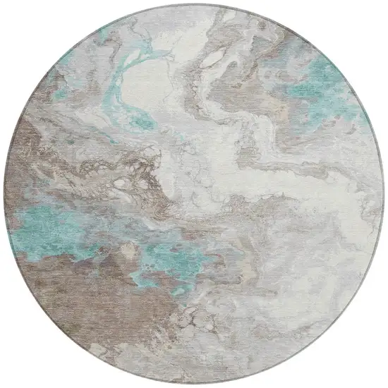8' Teal Blue And Taupe Round Abstract Washable Indoor Outdoor Area Rug Photo 3