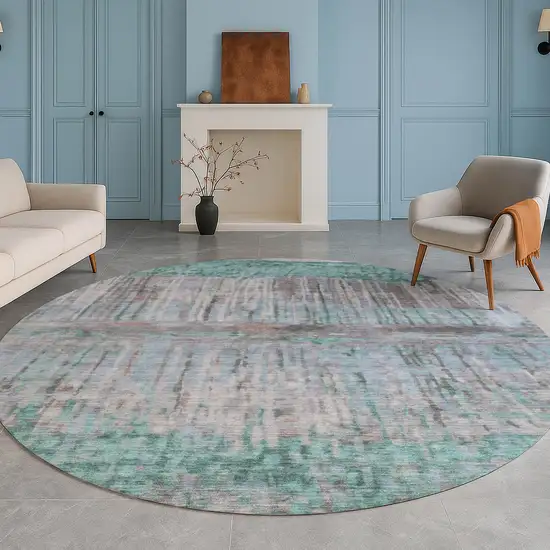 8' Teal Blue And Taupe Round Abstract Washable Indoor Outdoor Area Rug Photo 5