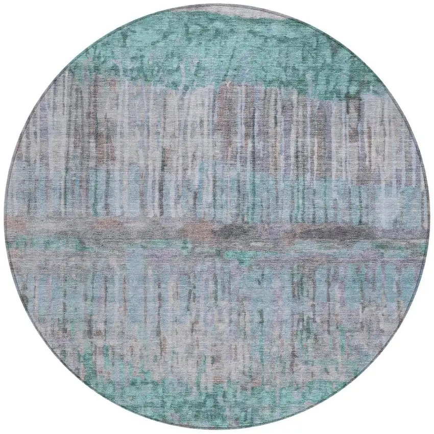 8' Teal Blue And Taupe Round Abstract Washable Indoor Outdoor Area Rug Photo 3