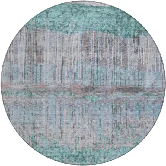8' Teal Blue And Taupe Round Abstract Washable Indoor Outdoor Area Rug Photo 1