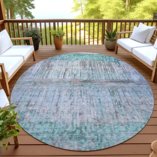 8' Teal Blue And Taupe Round Abstract Washable Indoor Outdoor Area Rug Photo 4