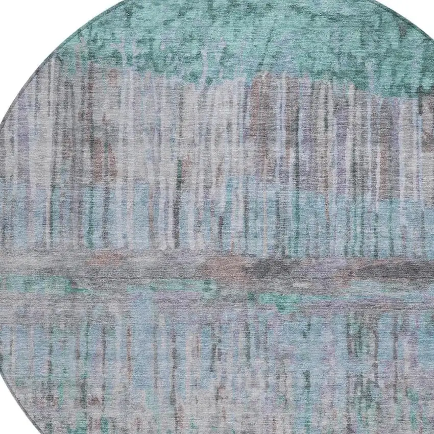 8' Teal Blue And Taupe Round Abstract Washable Indoor Outdoor Area Rug Photo 2