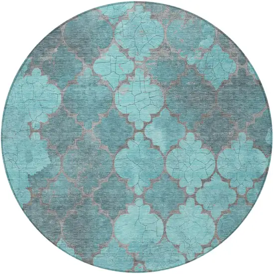 8' Teal Blue And Taupe Round Damask Washable Indoor Outdoor Area Rug Photo 3