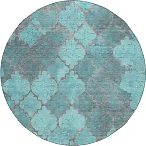 Photo of 8' Teal Blue And Taupe Round Damask Washable Indoor Outdoor Area Rug
