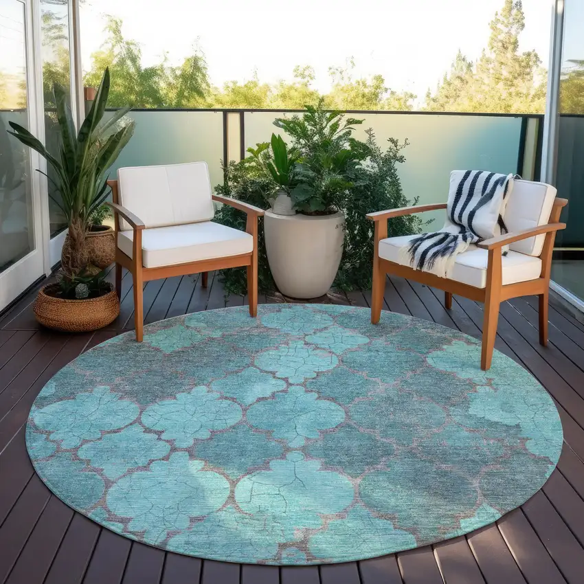 8' Teal Blue And Taupe Round Damask Washable Indoor Outdoor Area Rug Photo 5