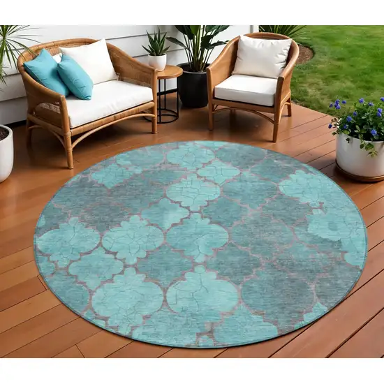 8' Teal Blue And Taupe Round Damask Washable Indoor Outdoor Area Rug Photo 2