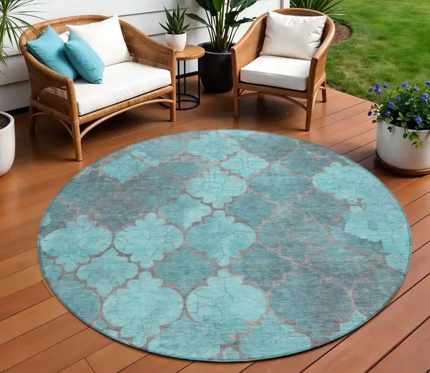 8' Teal Blue And Taupe Round Damask Washable Indoor Outdoor Area Rug Photo 2