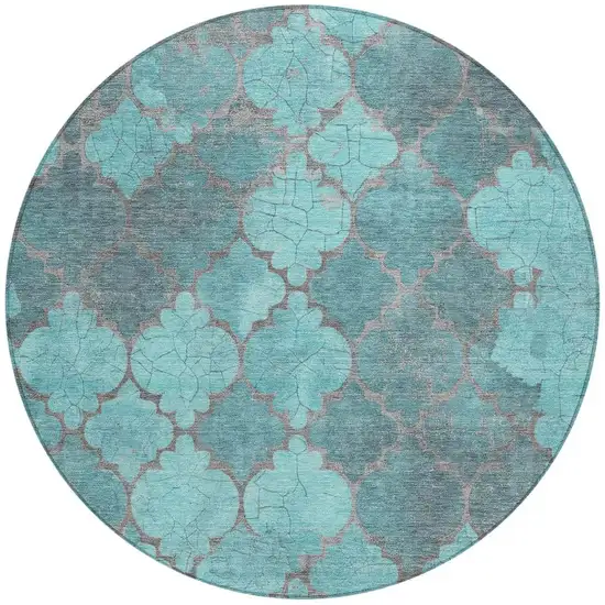 8' Teal Blue And Taupe Round Damask Washable Indoor Outdoor Area Rug Photo 4