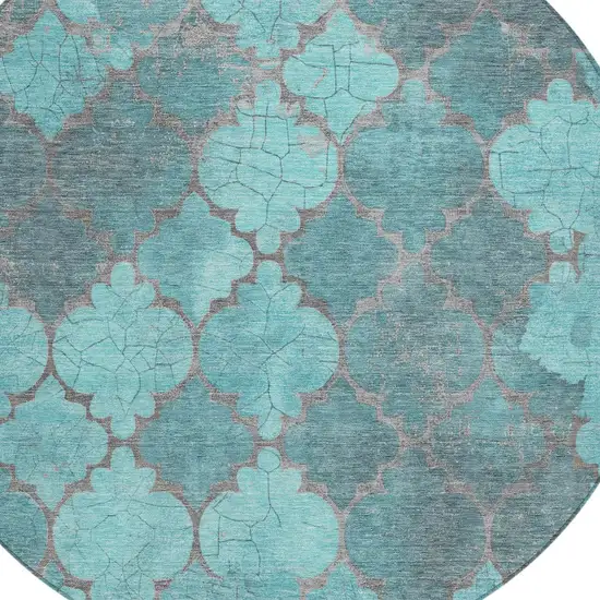 8' Teal Blue And Taupe Round Damask Washable Indoor Outdoor Area Rug Photo 8