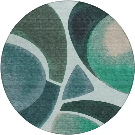 8' Teal Blue And Turquoise Round Abstract Washable Indoor Outdoor Area Rug Photo 1