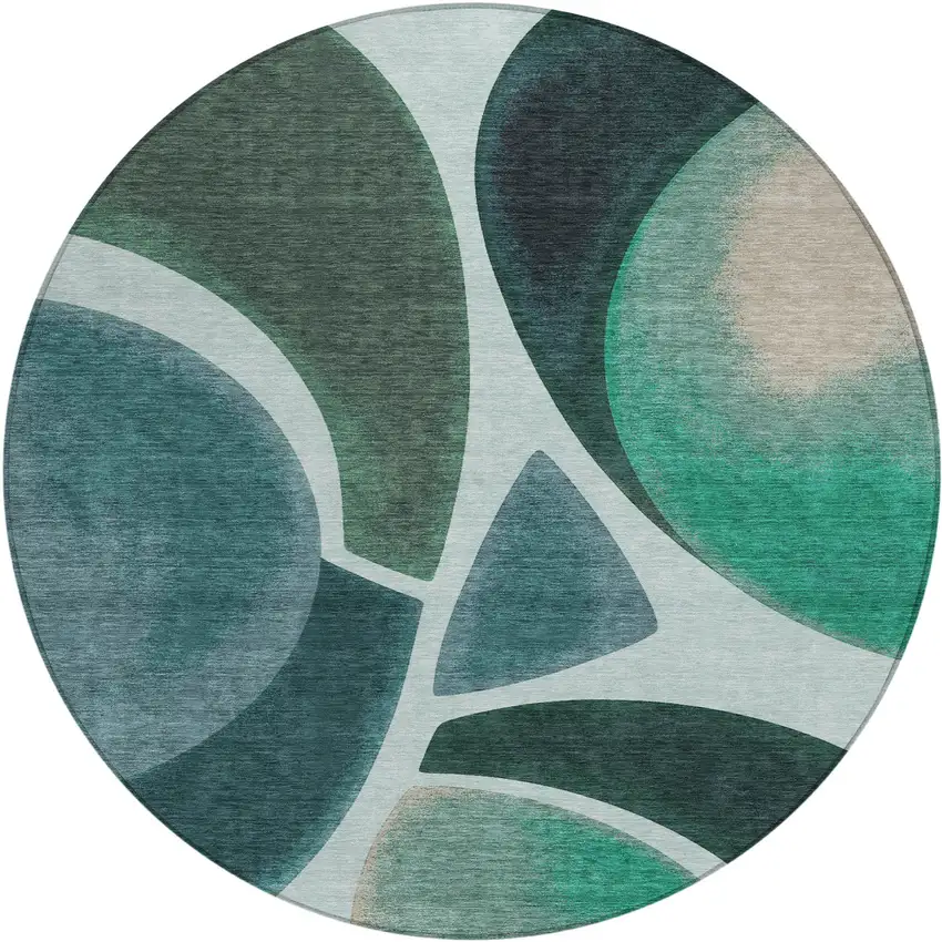 8' Teal Blue And Turquoise Round Abstract Washable Indoor Outdoor Area Rug Photo 1