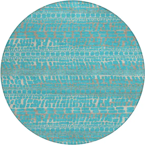 8' Teal Blue And Turquoise Round Abstract Washable Indoor Outdoor Area Rug Photo 1