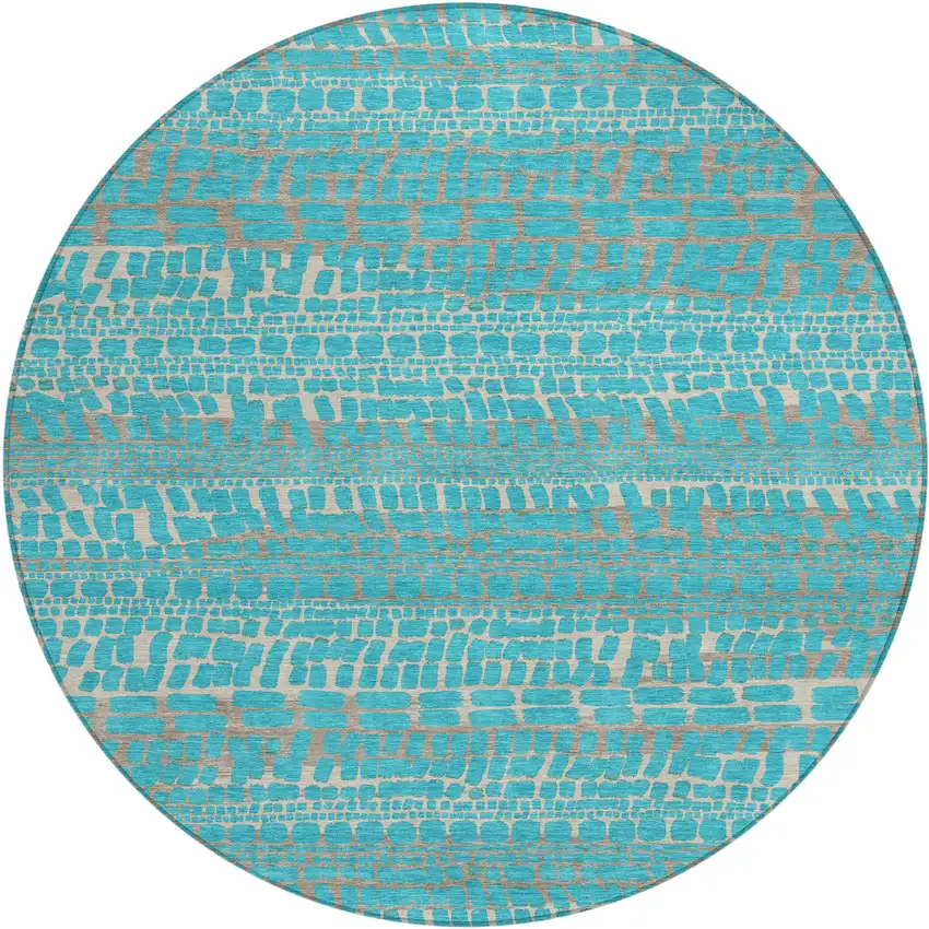 8' Teal Blue And Turquoise Round Abstract Washable Indoor Outdoor Area Rug Photo 1