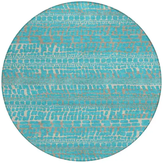 8' Teal Blue And Turquoise Round Abstract Washable Indoor Outdoor Area Rug Photo 3