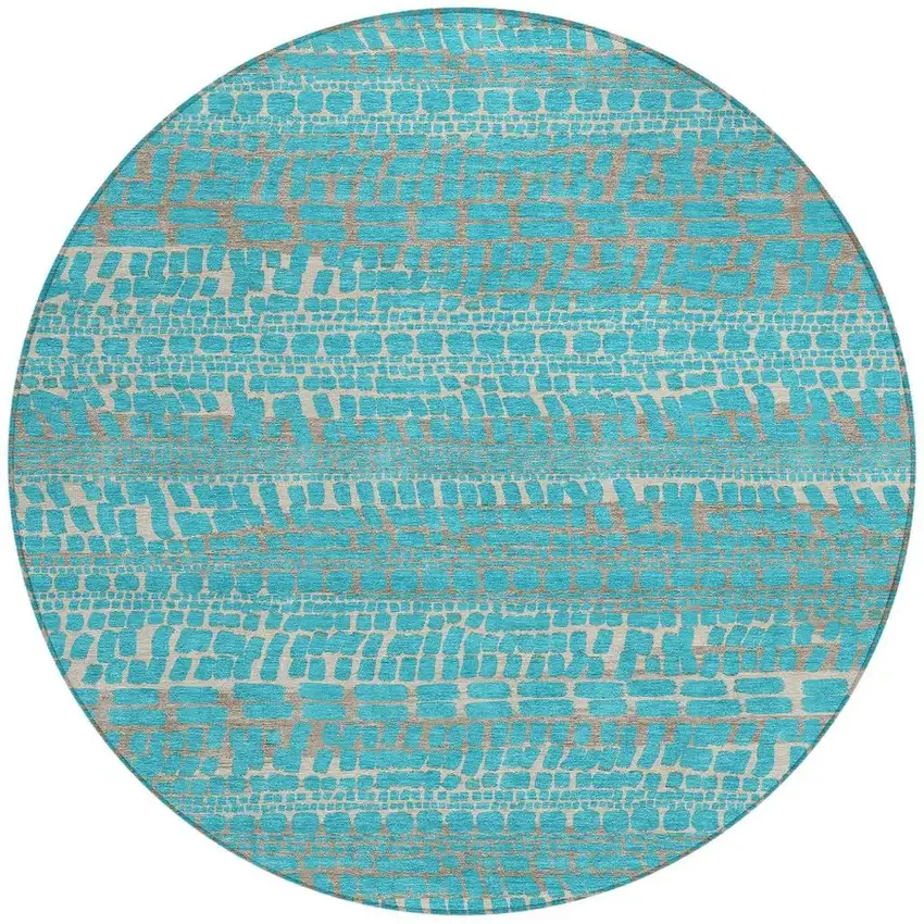 8' Teal Blue And Turquoise Round Abstract Washable Indoor Outdoor Area Rug Photo 3