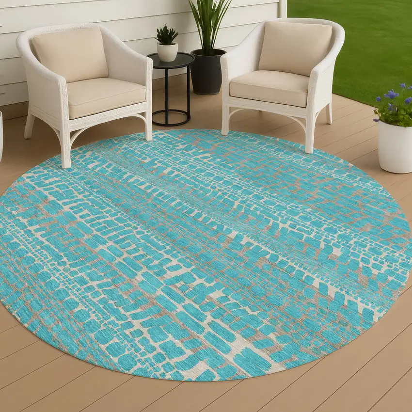 8' Teal Blue And Turquoise Round Abstract Washable Indoor Outdoor Area Rug Photo 4