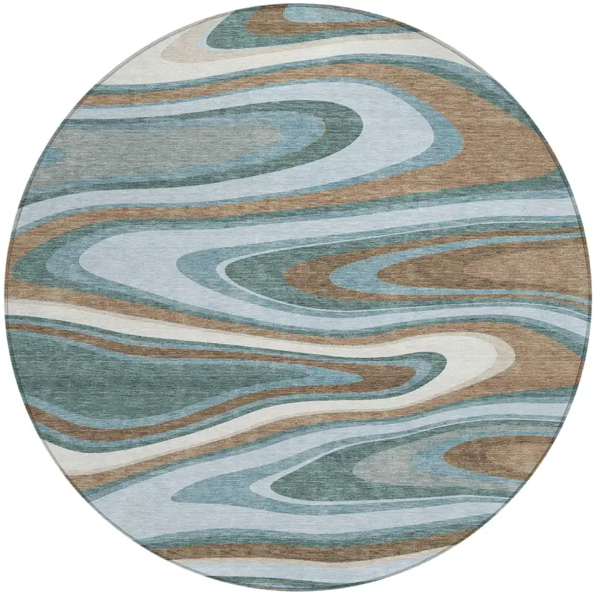 8' Teal Blue And Turquoise Round Abstract Washable Indoor Outdoor Area Rug Photo 5