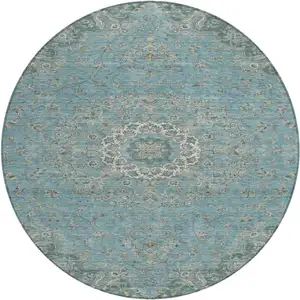Photo of 8' Teal Blue And Turquoise Round Floral Medallion Washable Indoor Outdoor Area Rug