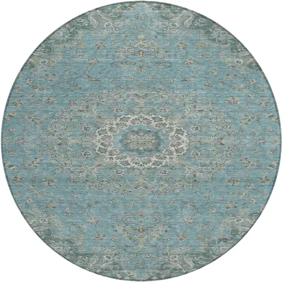 8' Teal Blue And Turquoise Round Floral Medallion Washable Indoor Outdoor Area Rug Photo 1