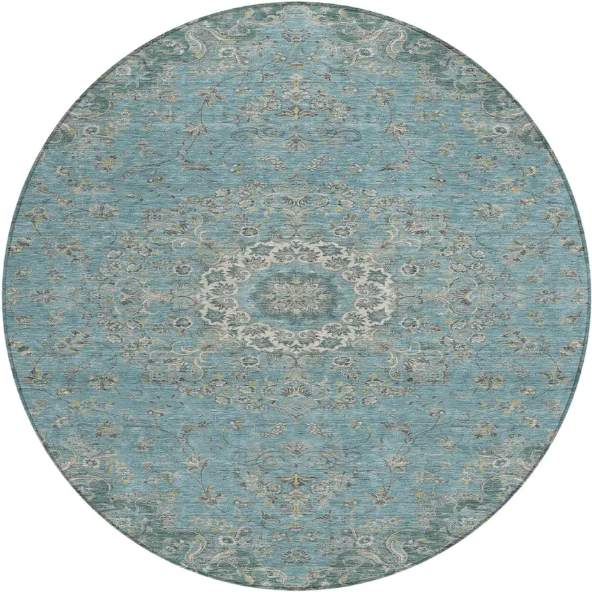 8' Teal Blue And Turquoise Round Floral Medallion Washable Indoor Outdoor Area Rug Photo 1