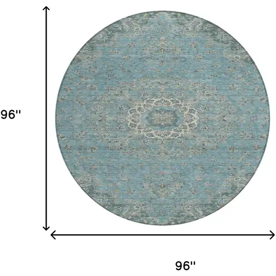 8' Teal Blue And Turquoise Round Floral Medallion Washable Indoor Outdoor Area Rug Photo 8