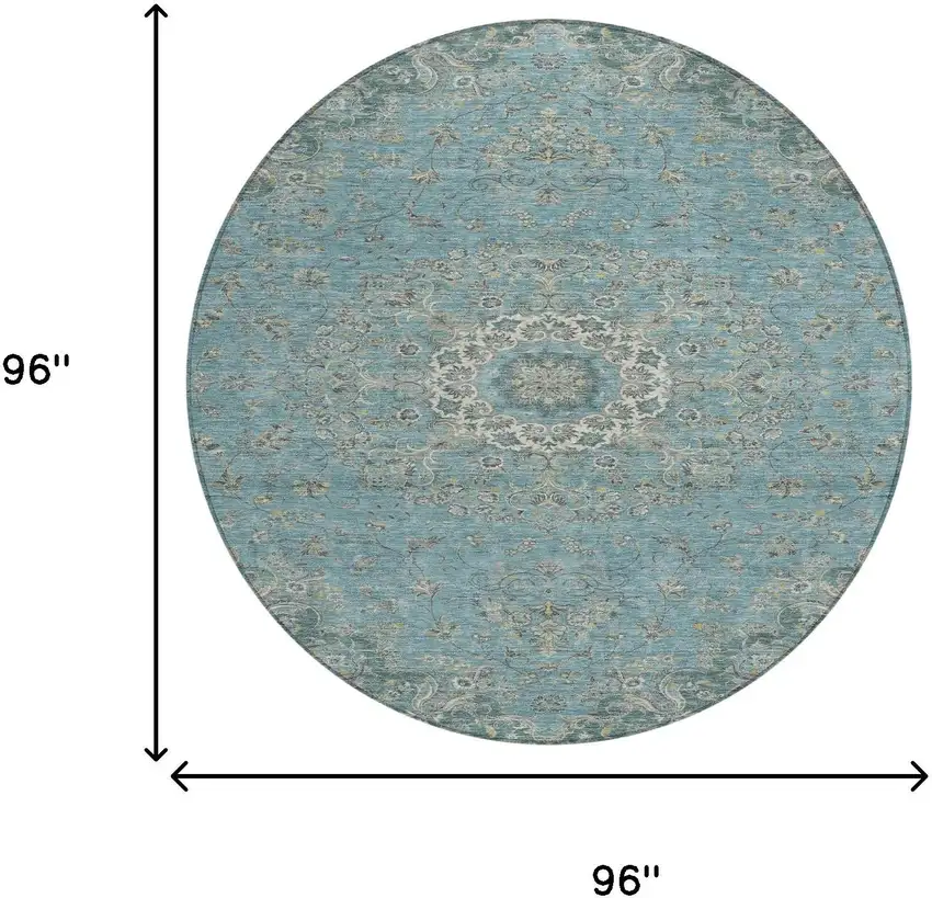 8' Teal Blue And Turquoise Round Floral Medallion Washable Indoor Outdoor Area Rug Photo 8