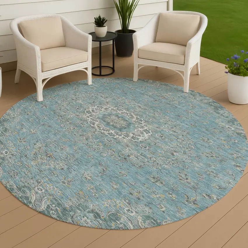 8' Teal Blue And Turquoise Round Floral Medallion Washable Indoor Outdoor Area Rug Photo 4