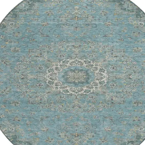 8' Teal Blue And Turquoise Round Floral Medallion Washable Indoor Outdoor Area Rug Photo 3