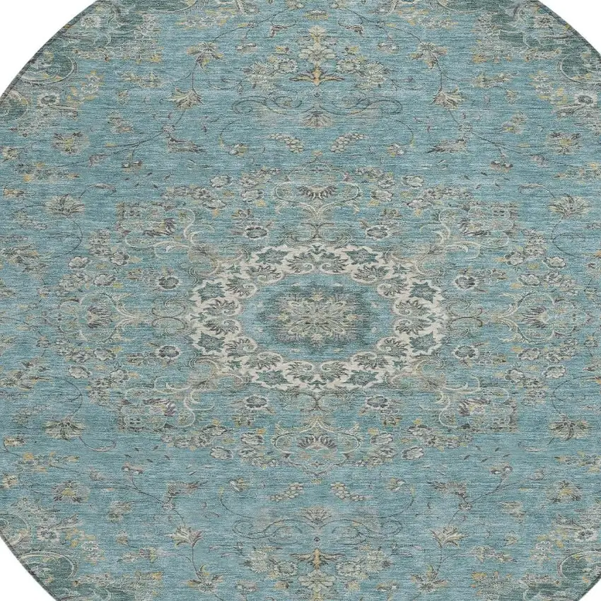 8' Teal Blue And Turquoise Round Floral Medallion Washable Indoor Outdoor Area Rug Photo 3