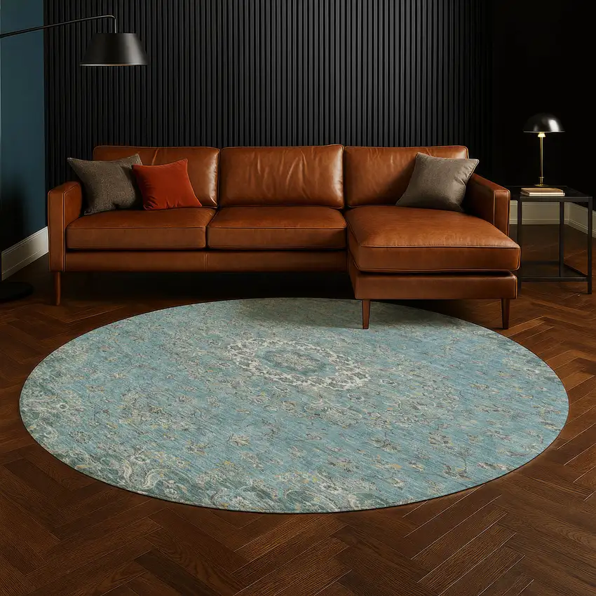 8' Teal Blue And Turquoise Round Floral Medallion Washable Indoor Outdoor Area Rug Photo 5