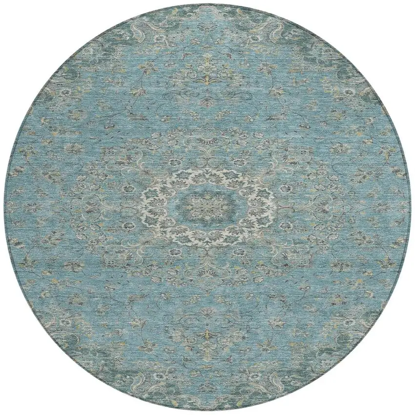 8' Teal Blue And Turquoise Round Floral Medallion Washable Indoor Outdoor Area Rug Photo 2