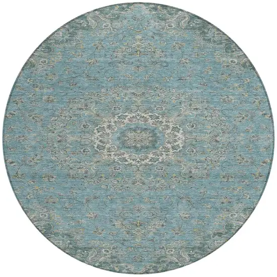 8' Teal Blue And Turquoise Round Floral Medallion Washable Indoor Outdoor Area Rug Photo 2
